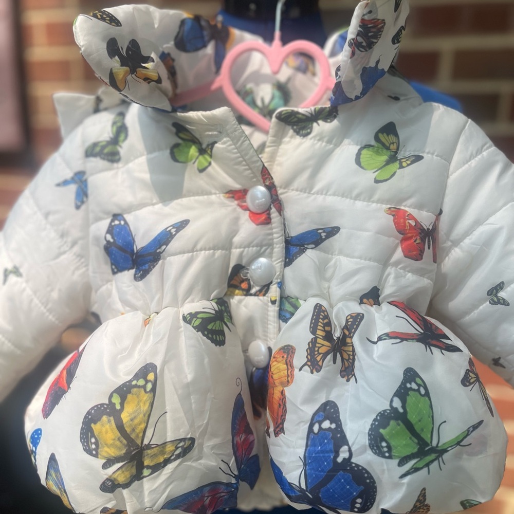 Girls' White Butterfly Puffer Jacket - Cute Quilted Coat